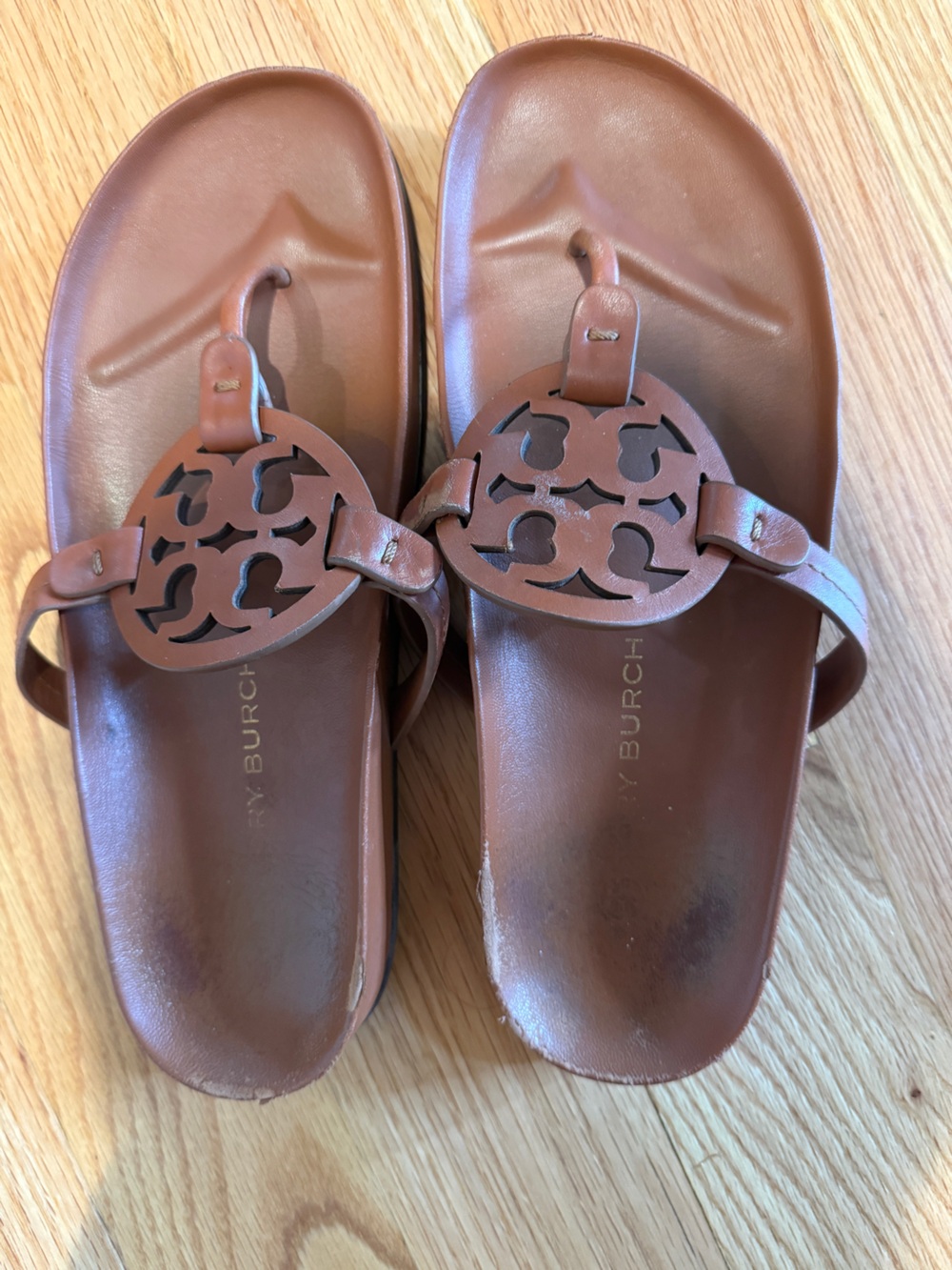 Tory Burch Brown Leather Logo Toe-Post Sandals